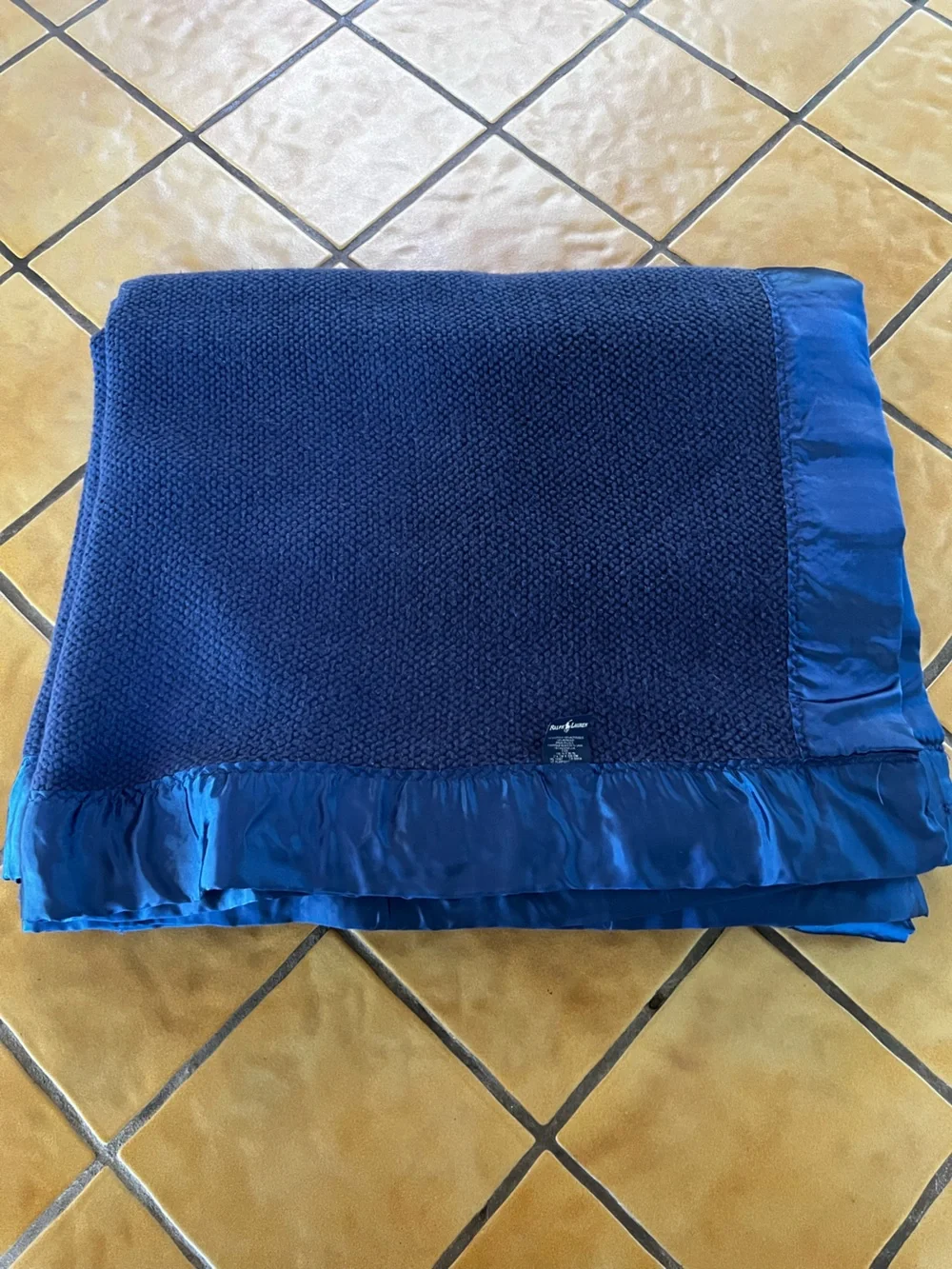 Vintage Ralph Lauren Acrylic Blanket Satin Trim Navy Blue King Size Made In USA